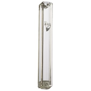Picture of Plastic Rectangle Mezuzah Case Clear Designed with Raised Silver Shin 20cm